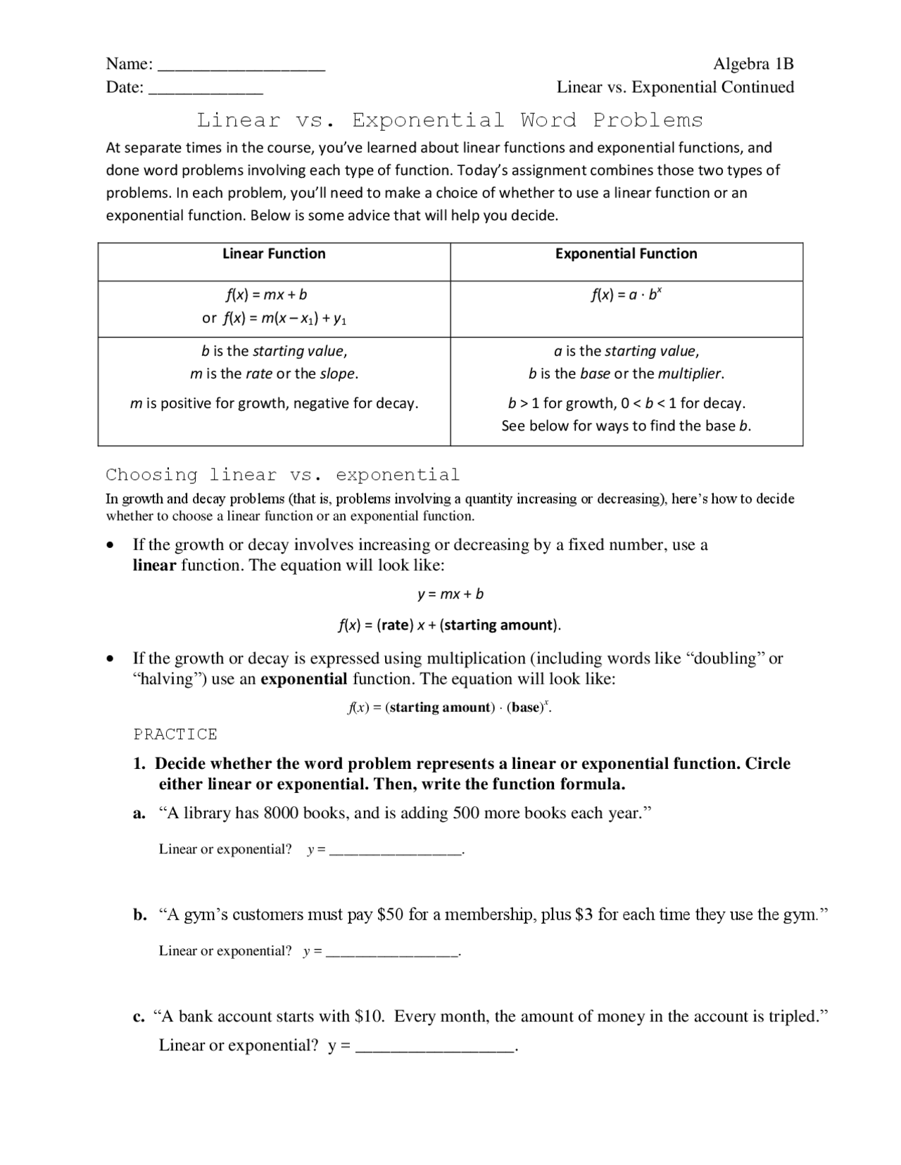 Linear Vs Exponential Word Problems Slides Algebra Docsity Worksheets Library