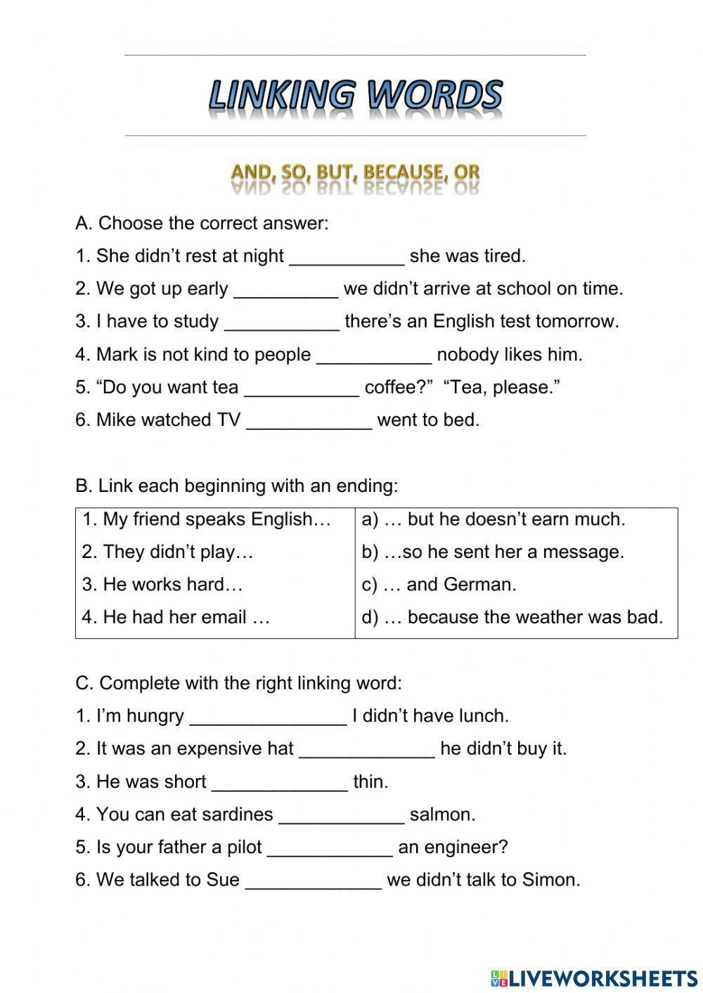 Linking Words Worksheet For Pre intermediate Worksheets Library