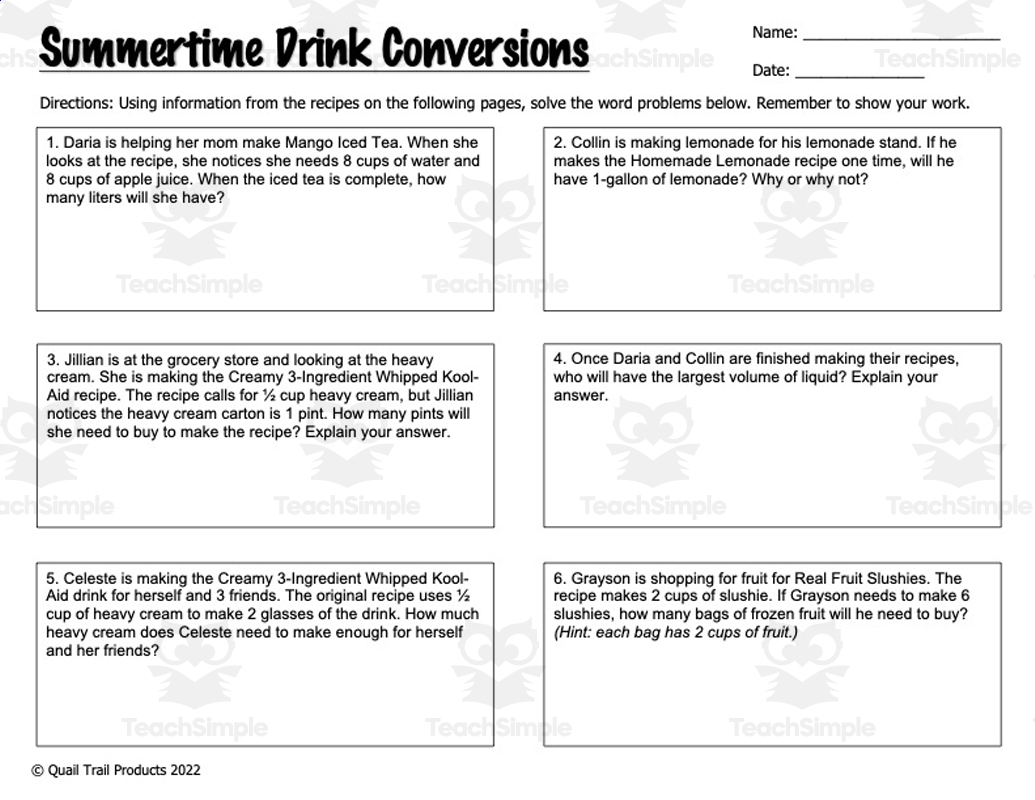 Liquid Volume And Unit Conversions Worksheets By Teach Simple