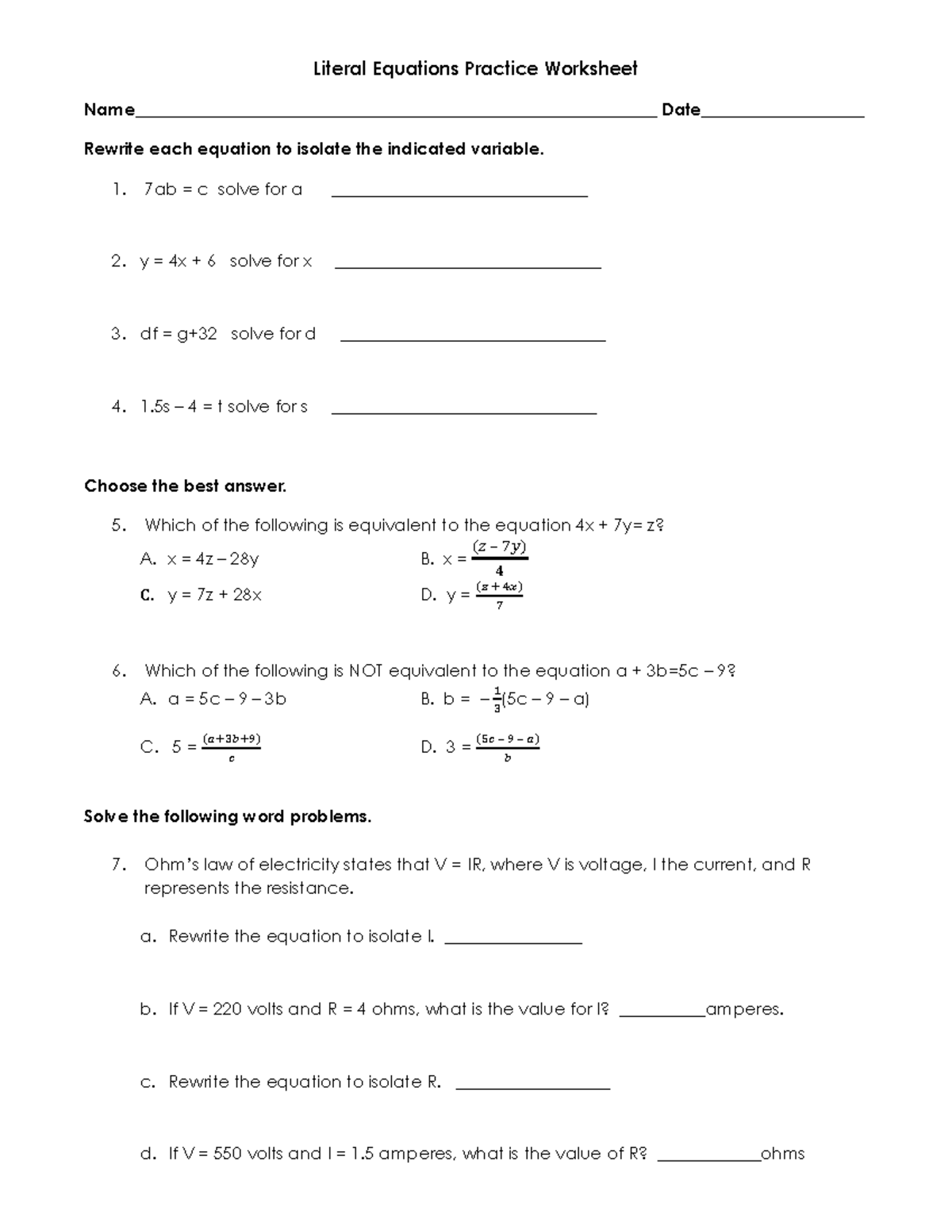 Literal Equations Practice Worksheet Isolating Variables Techniques Studocu Literal Equations Practice Worksheet Isolating Variables Techniques Studocu