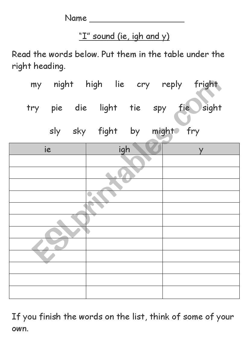 Long I Sound Word Sort ESL Worksheet By Julesnnn