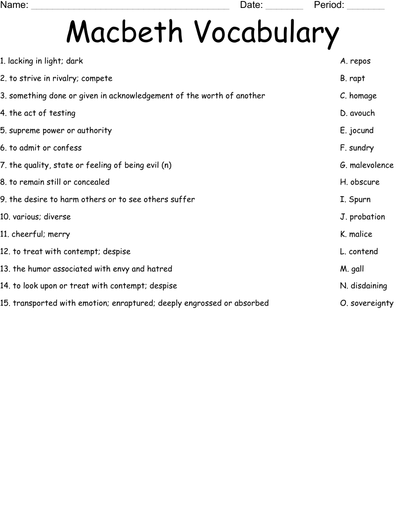 Macbeth Vocabulary Worksheet WordMint Macbeth Vocabulary Worksheet WordMint