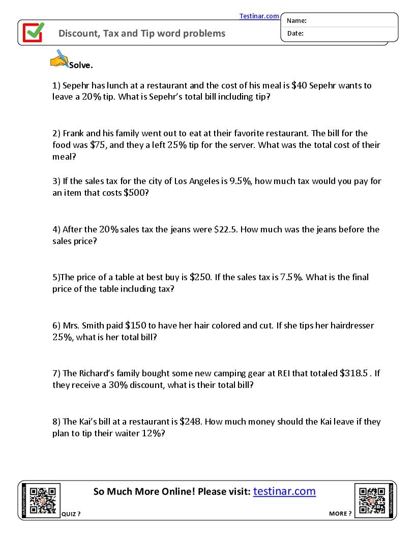 Markup Discount And Tax Worksheets 7 Rp 3 Quiz Part 1 Tax Tip Markup Discount Online Exercise For Worksheets Library