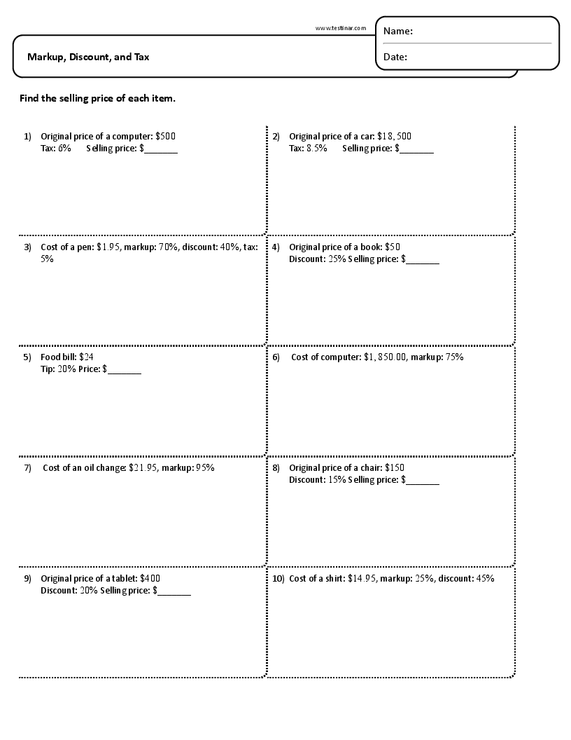 Quiz Worksheet Calculating Markup Markdown Study