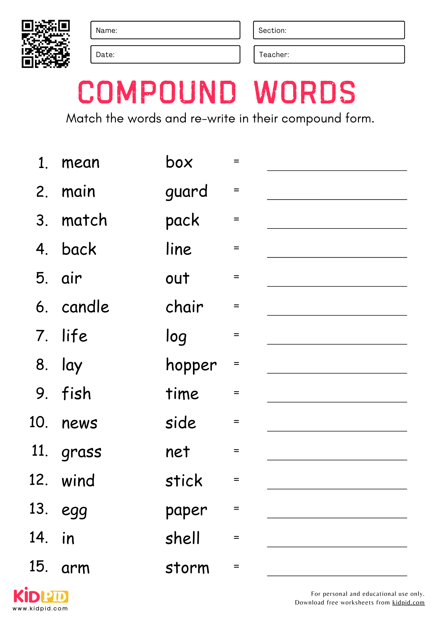 Match The Words To Form Compound Words Worksheet For Grade 2 Kidpid Compound Words Worksheet For Grade 1 Or 2 Compound Words Activity Sheets Made By Teachers