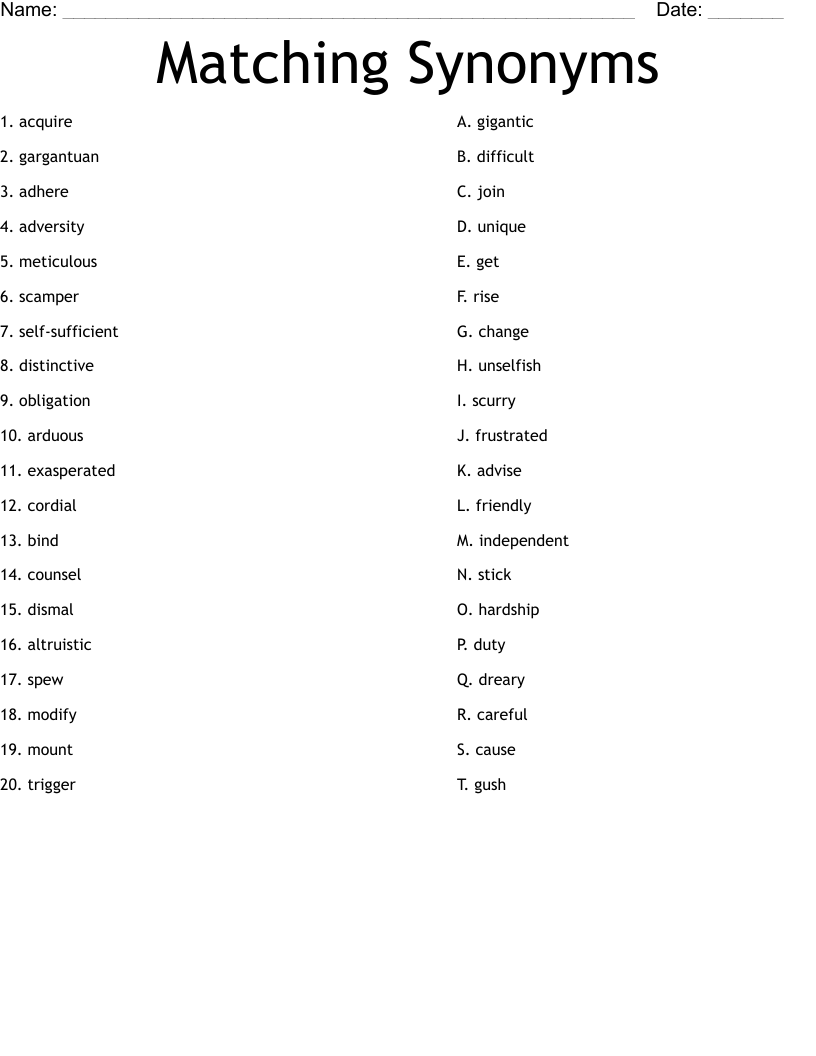 Matching Synonyms Worksheet WordMint