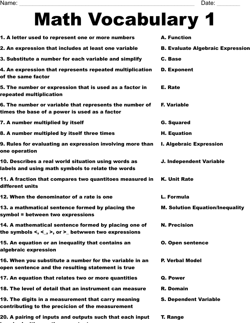 Math Vocabulary 1 Worksheet WordMint Math Vocabulary 1 Worksheet WordMint