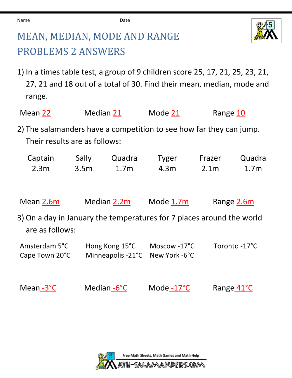 Mean Median Mode And Range Problems 2 Answers Mean Median Mode And Range Problems 2 Answers