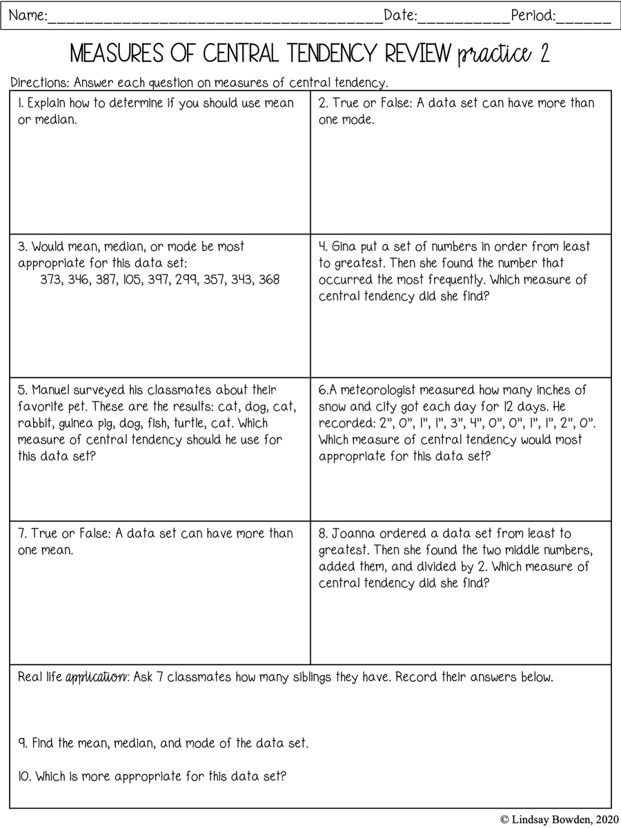 Mean Median Mode Notes And Worksheets Lindsay Bowden Worksheets Library