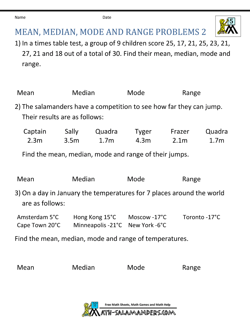 Mean Median Mode Range Problems Worksheets