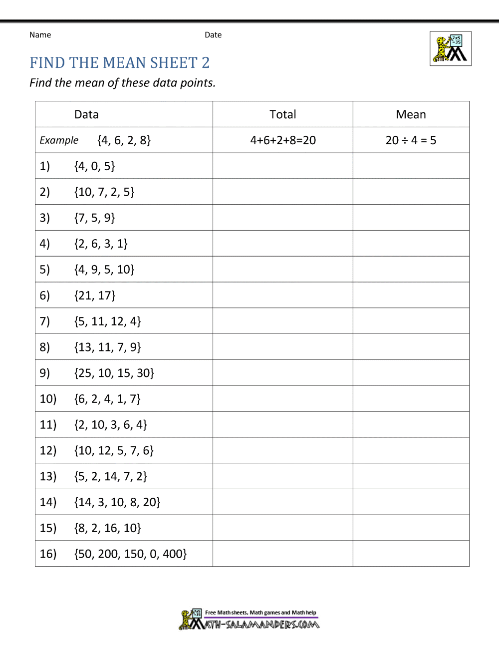 Mean Worksheets