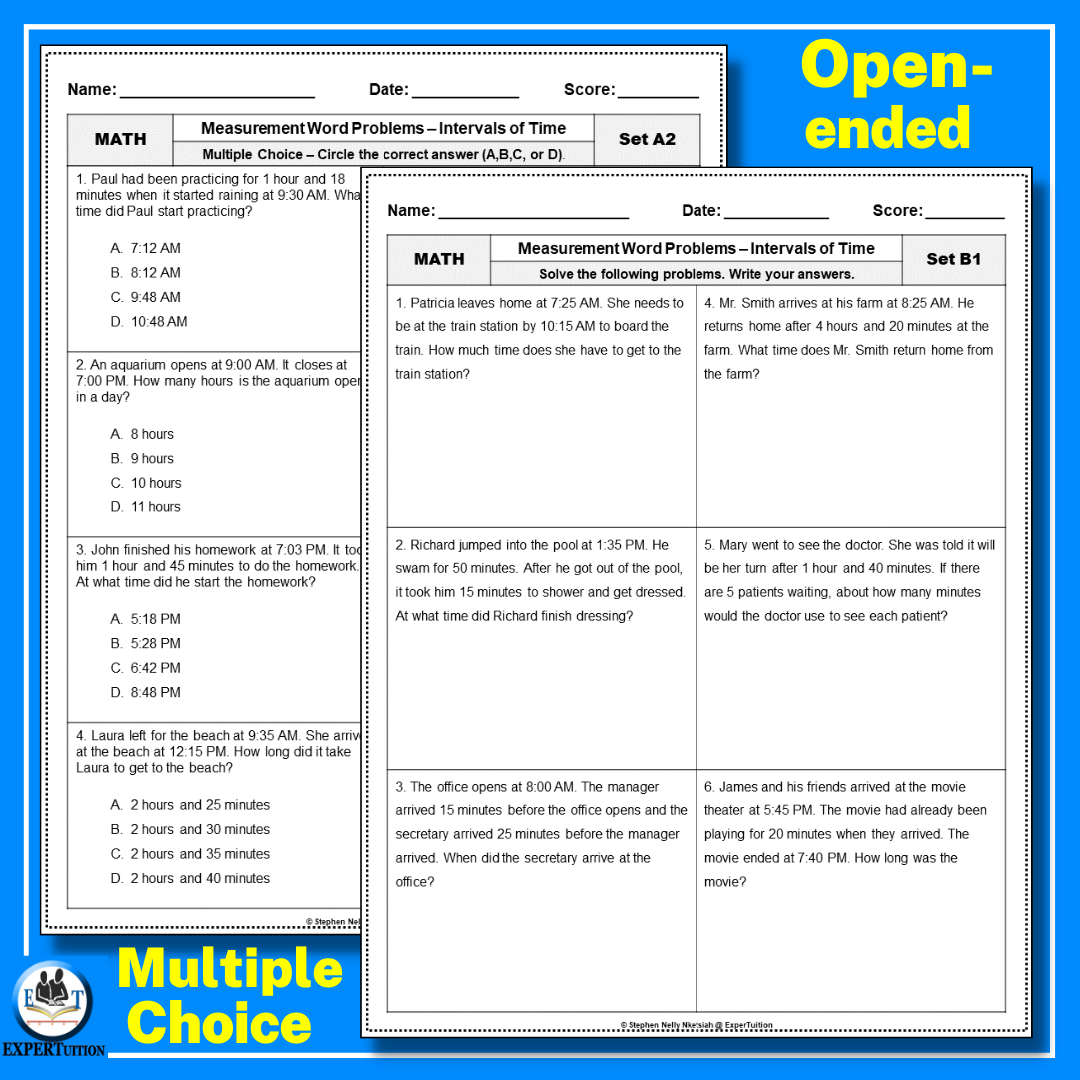 Measurement Word Problems Worksheets Elapsed Time Time Intervals ExperTuition