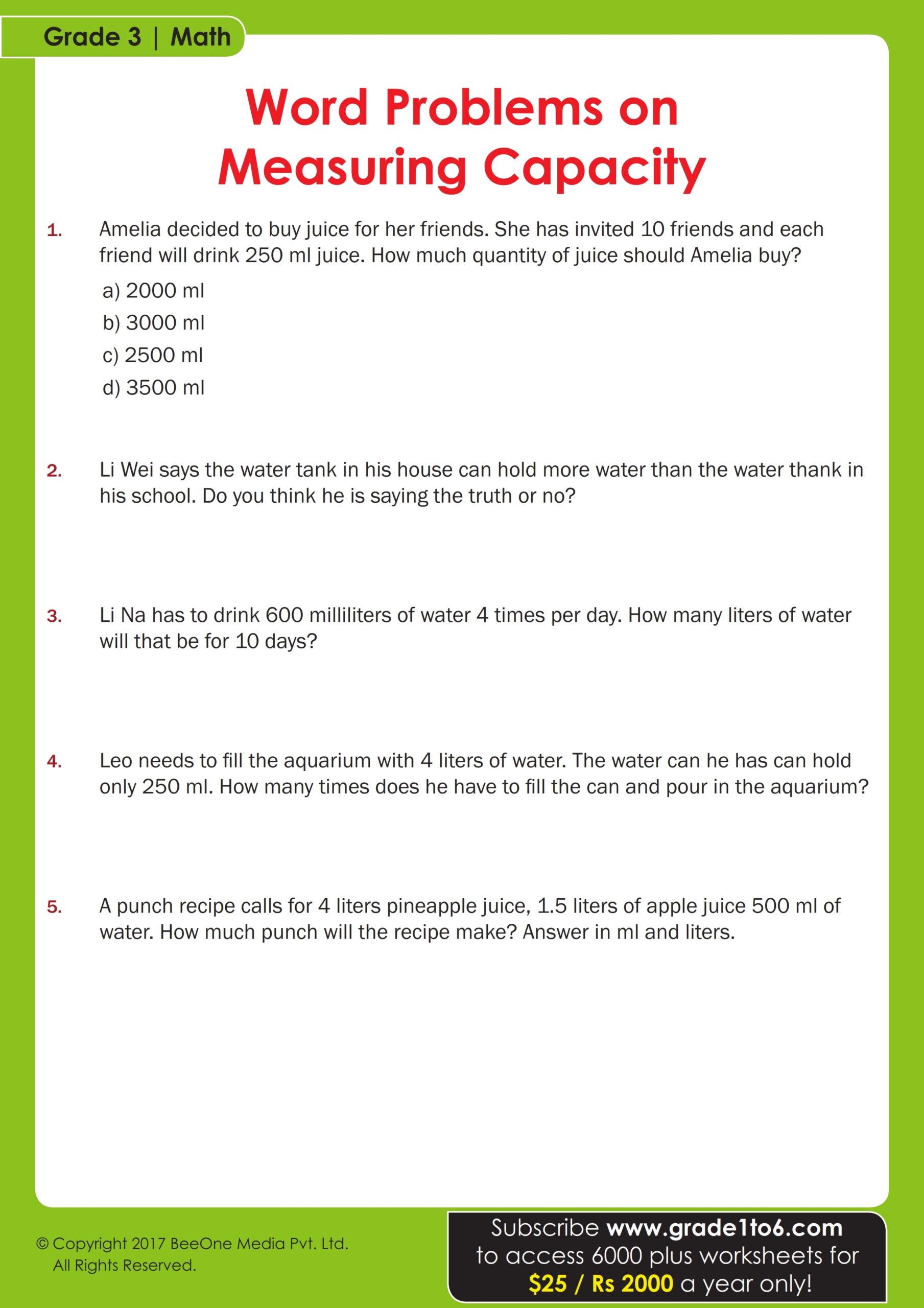Measurement Word Problems Worksheets Grade1to6 Measurement Word Problems Worksheets Grade1to6