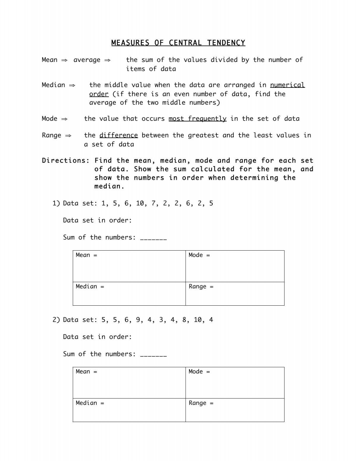 Measures Of Central Tendency Worksheet