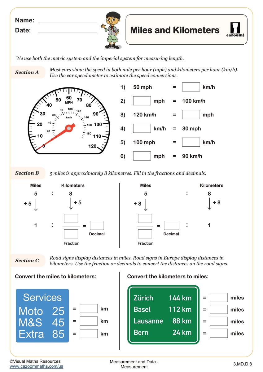 Miles And Kilometres Worksheet Fun And Engaging 3rd Grade Measurement And Data Worksheet Cazoom Math