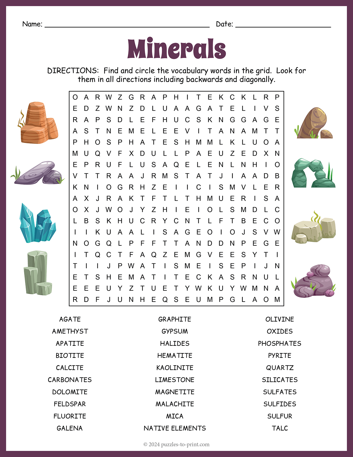 Minerals Word Search Minerals Word Search