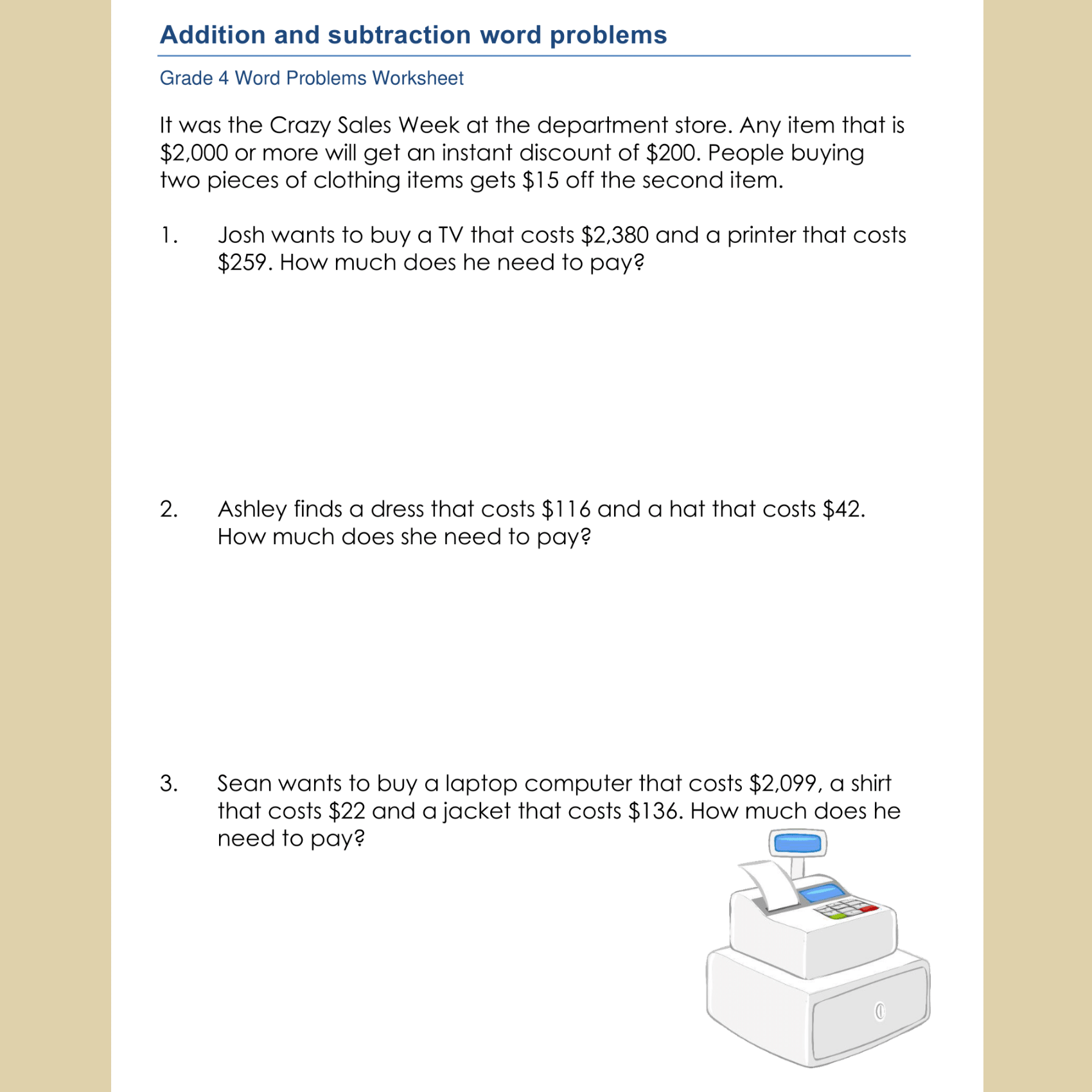 Mixed Addition And Subtraction Word Problems 4 Digit Practice Worksheets Made By Teachers