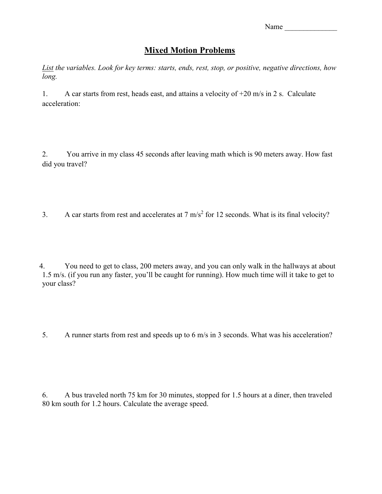 Mixed Motion Problems Worksheet