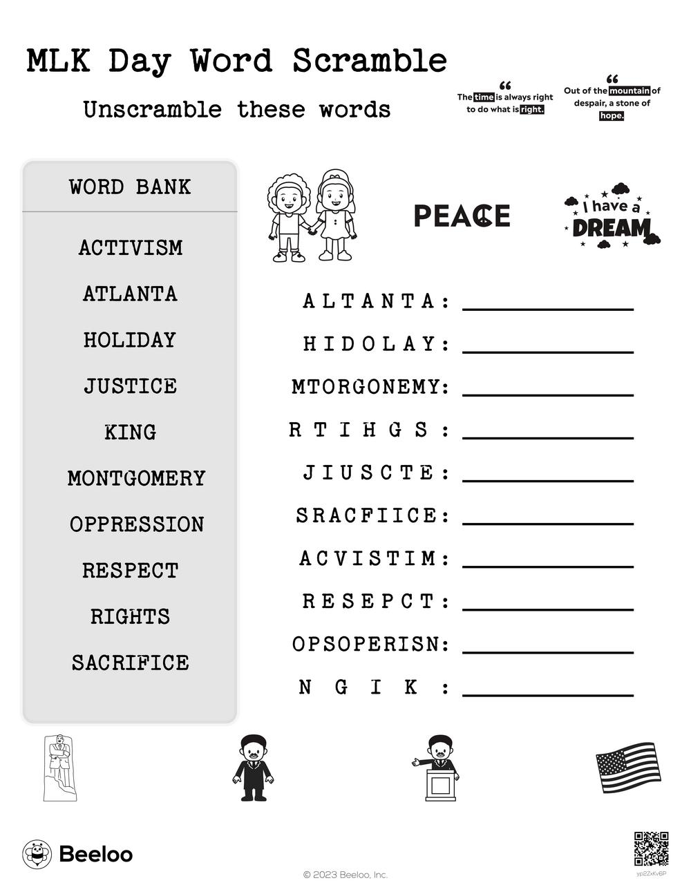 MLK Day Word Scramble Beeloo Printable Crafts And Activities For Kids