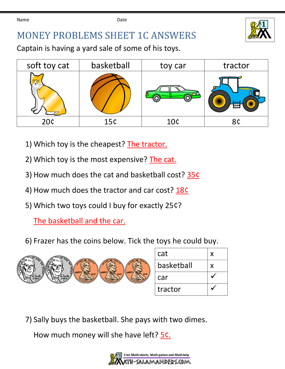 Money Worksheets For First Grade