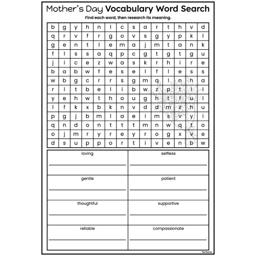 Mother S Day Vocabulary Word Search Worksheets Top Teacher Mother S Day Vocabulary Word Search Worksheets Top Teacher