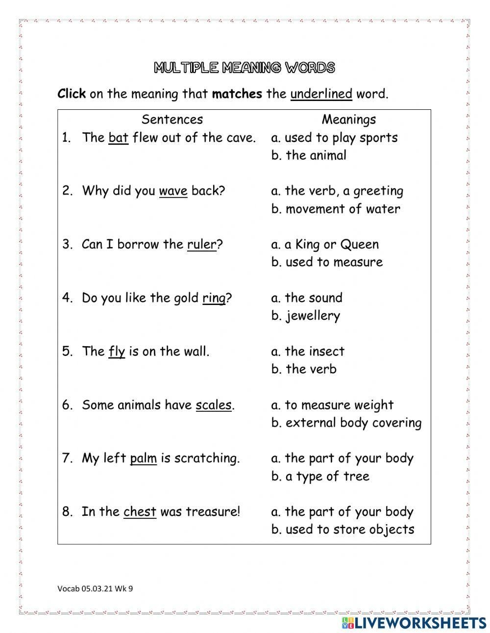 Printable Grade 11 Multiple Meaning Words Worksheets Download