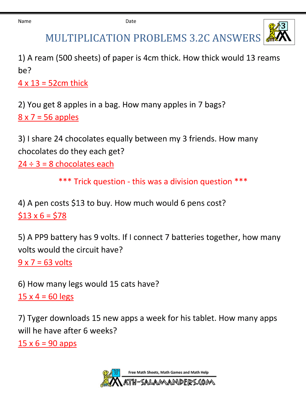 Multiplication Word Problem Worksheets 3rd Grade
