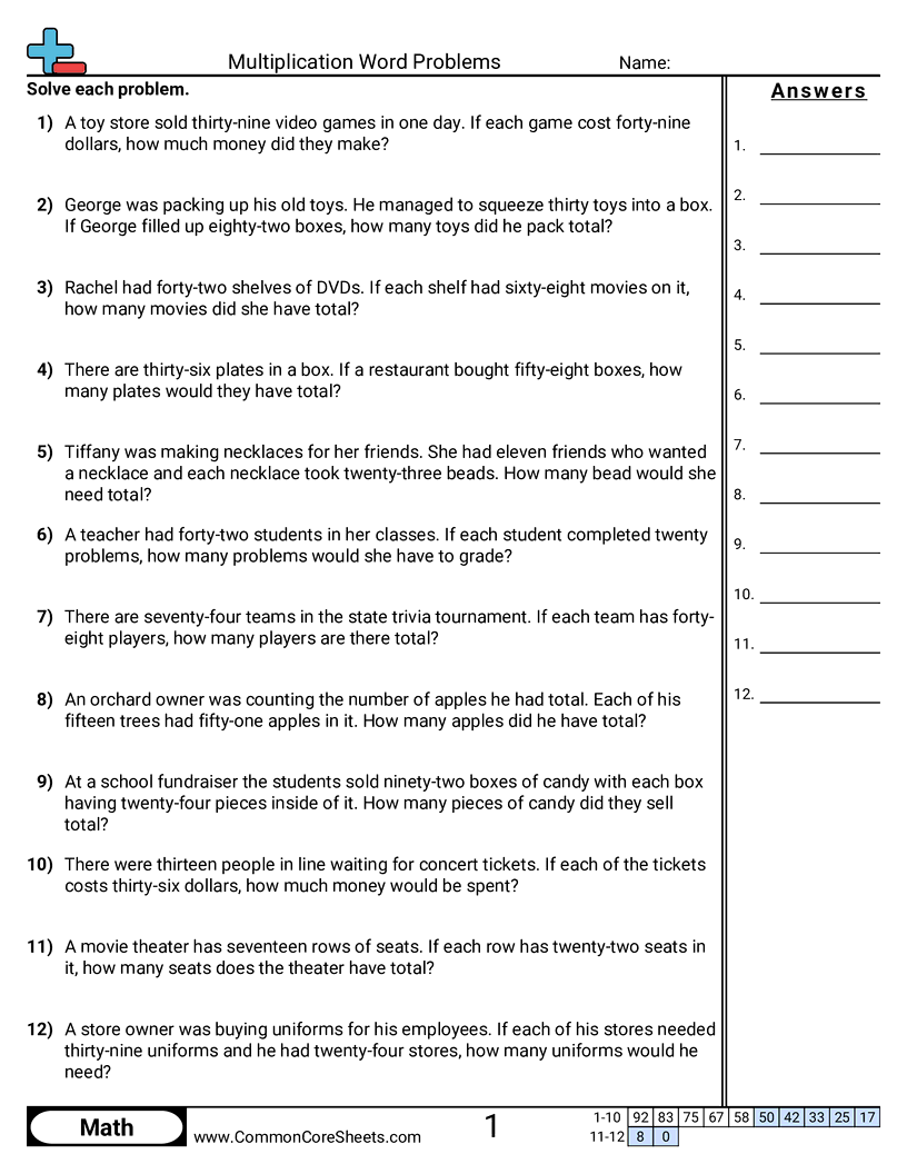 Multiplication Word Problems Worksheet Download