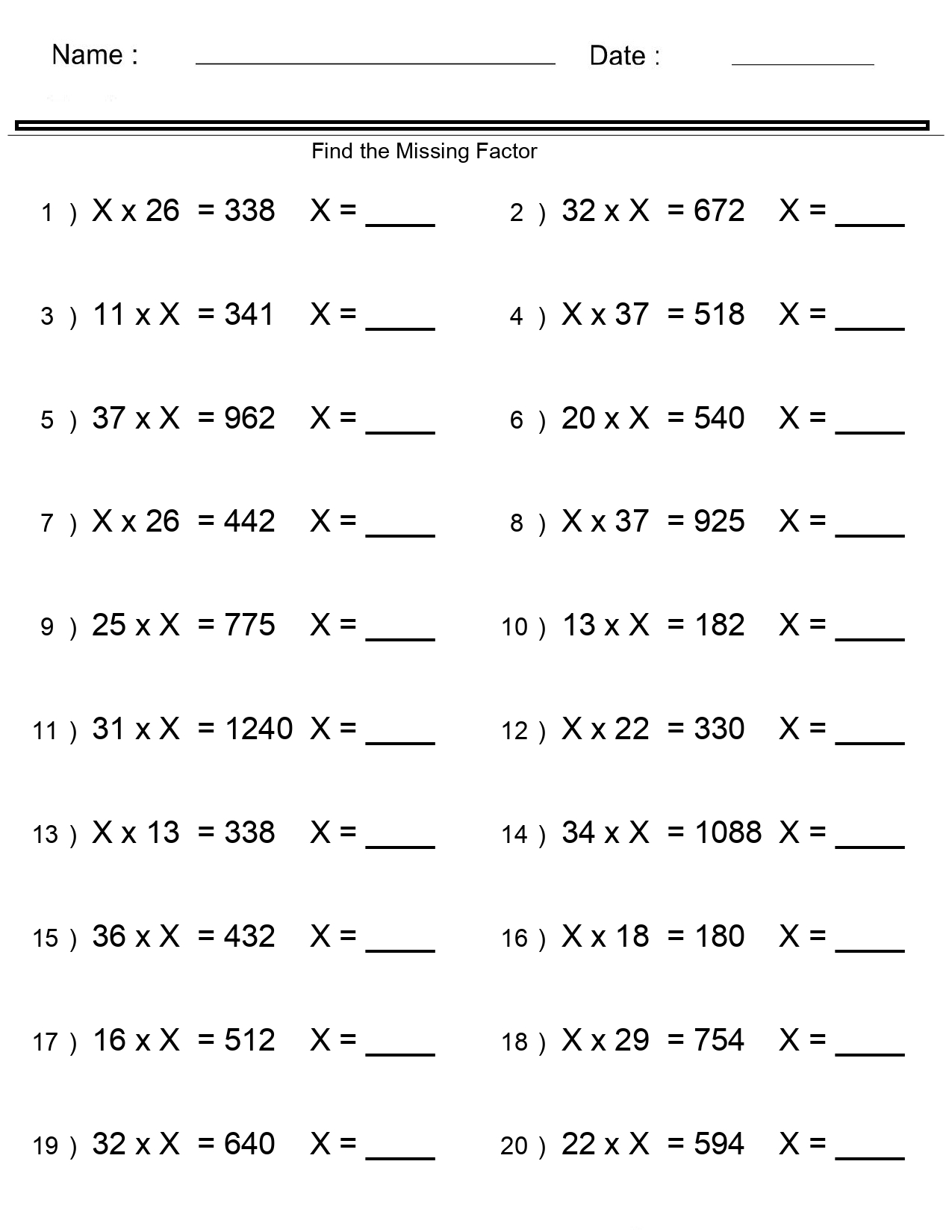 Multiplication Worksheets Missing Factor Multiplication Worksheets Made By Teachers