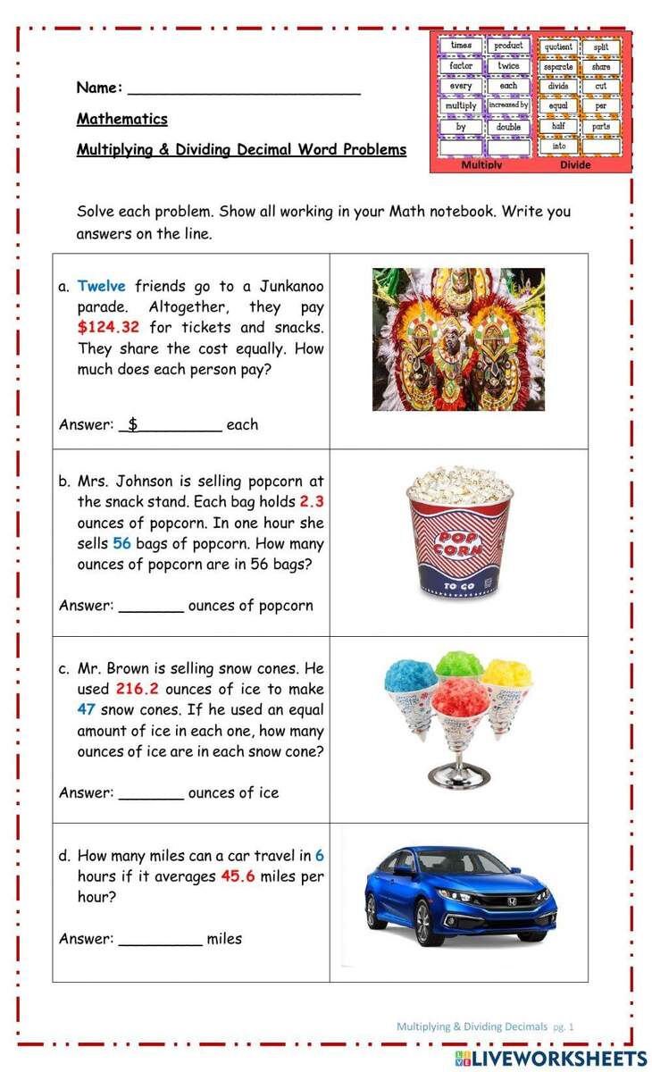 Multiplying And Dividing Decimals Word Problems Worksheet Live Worksheets Library
