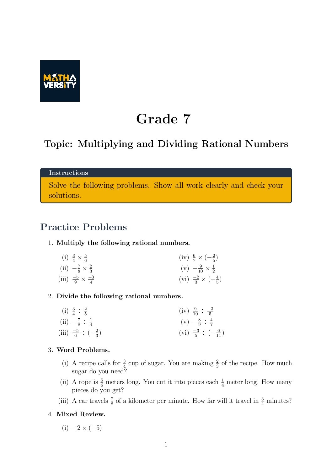 Multiplying And Dividing Rational Numbers Grade 7 Free Worksheet Practice Problems Mathaversity Tutors Multiplying And Dividing Rational Numbers Grade 7 Free Worksheet Practice Problems Mathaversity Tutors