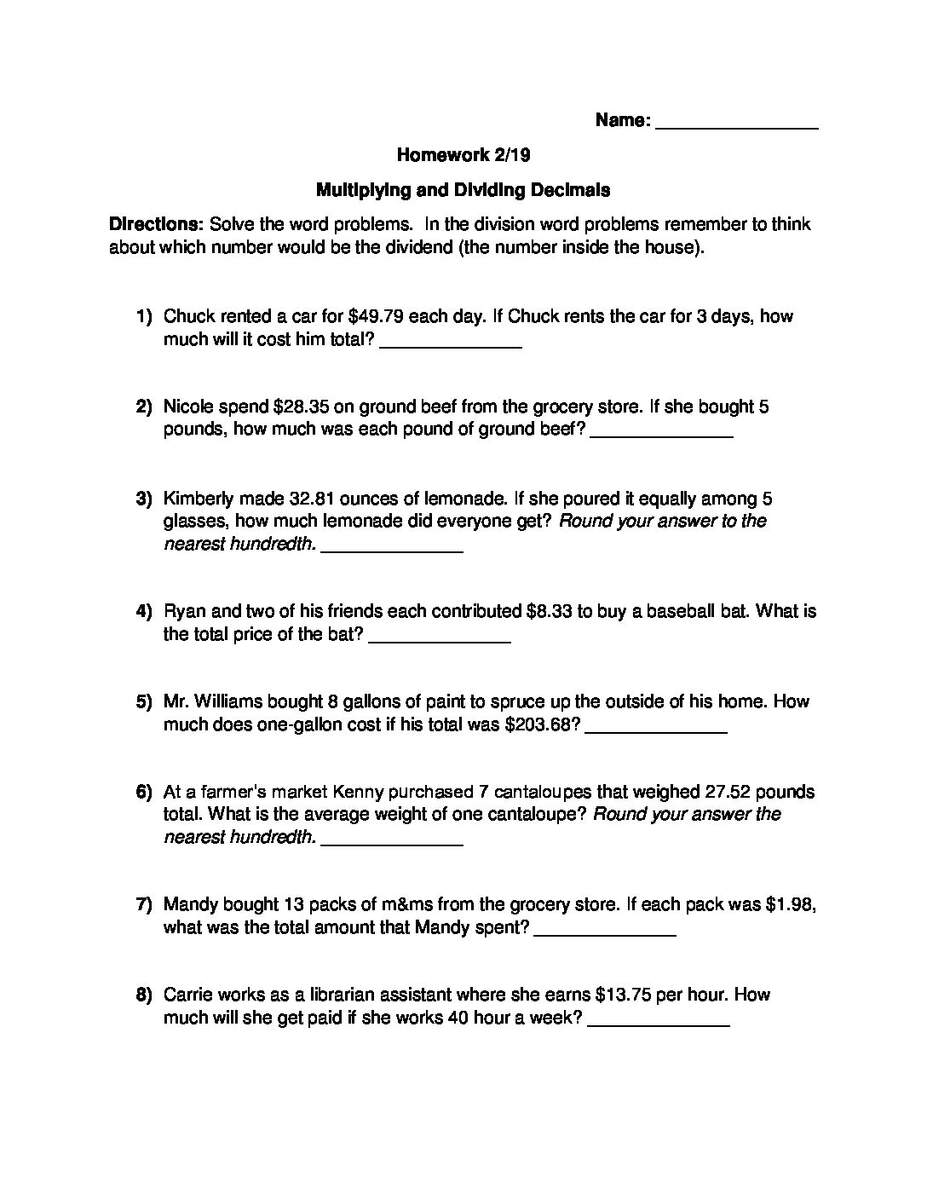 Multiplying Decimals Word Problems Worksheet Worksheets Library