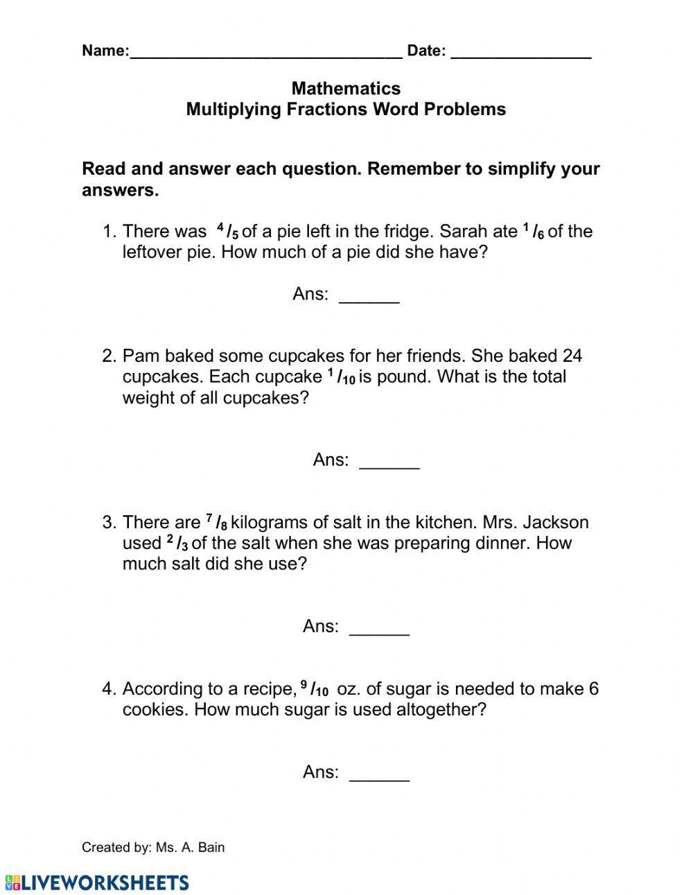 Multiplying Fractions Words Problems Worksheet Worksheets Library