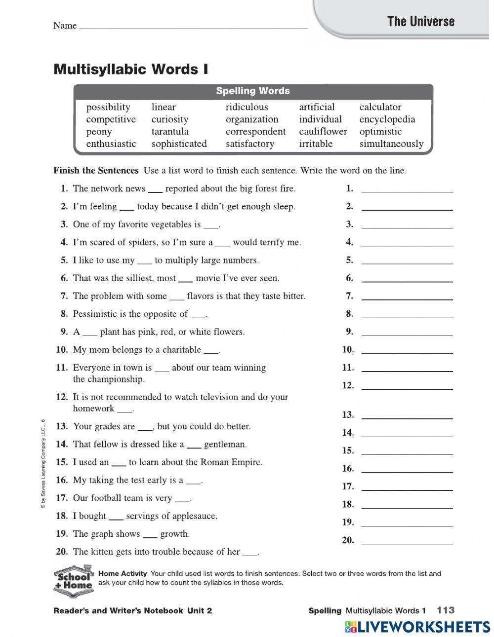 Multisyllabic Words Worksheet Worksheets Library