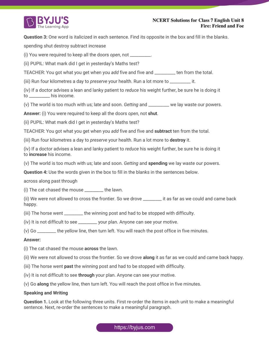 NCERT Solutions For Class 7 English Unit 8 Fire Friend And Foe NCERT Solutions For Class 7 English Unit 8 Fire Friend And Foe