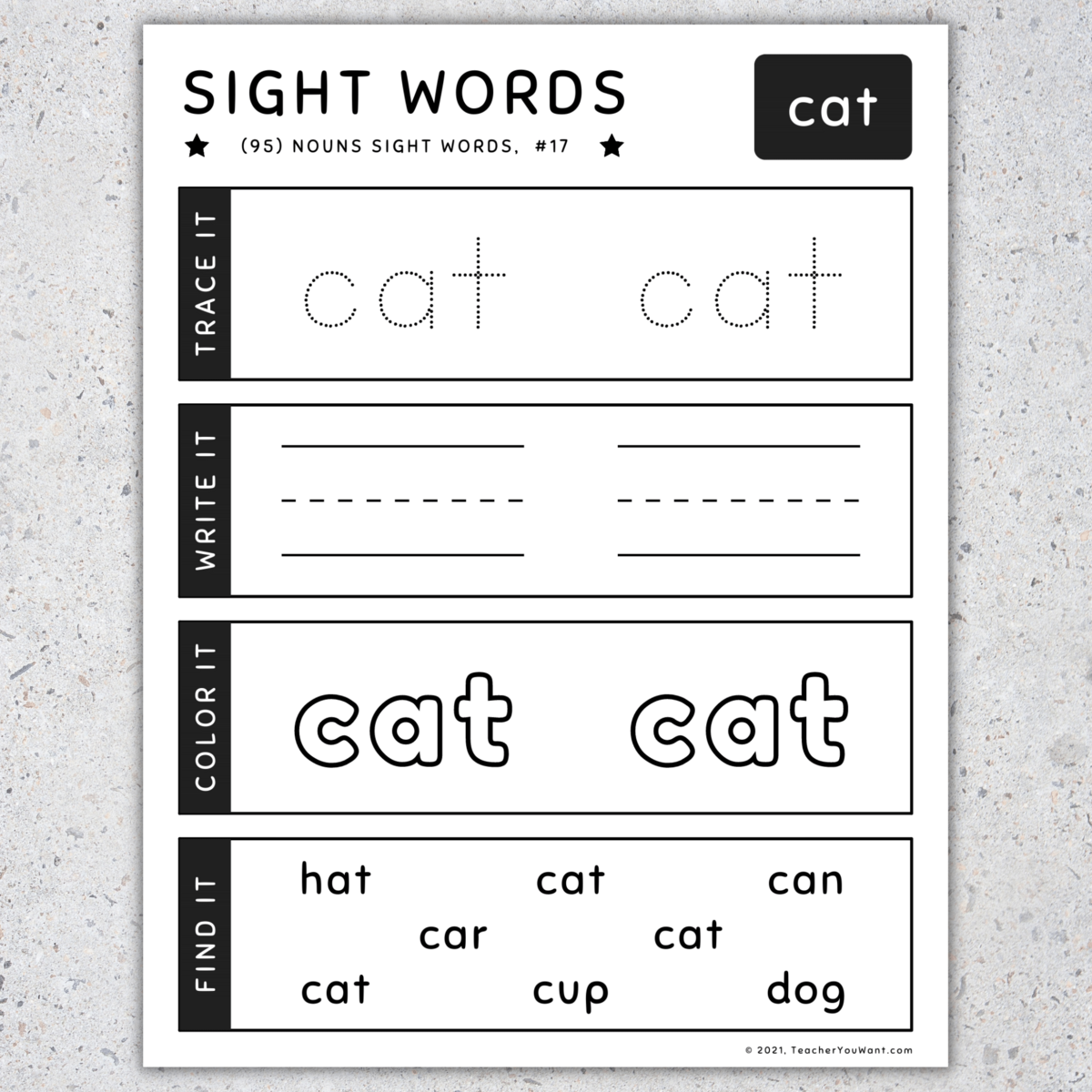 Noun Sight Words 95 Nouns Trace Write Color Find It Worksheets SET 5 Made By Teachers Sight Word Flip Book Flipbook CAT Made By Teachers