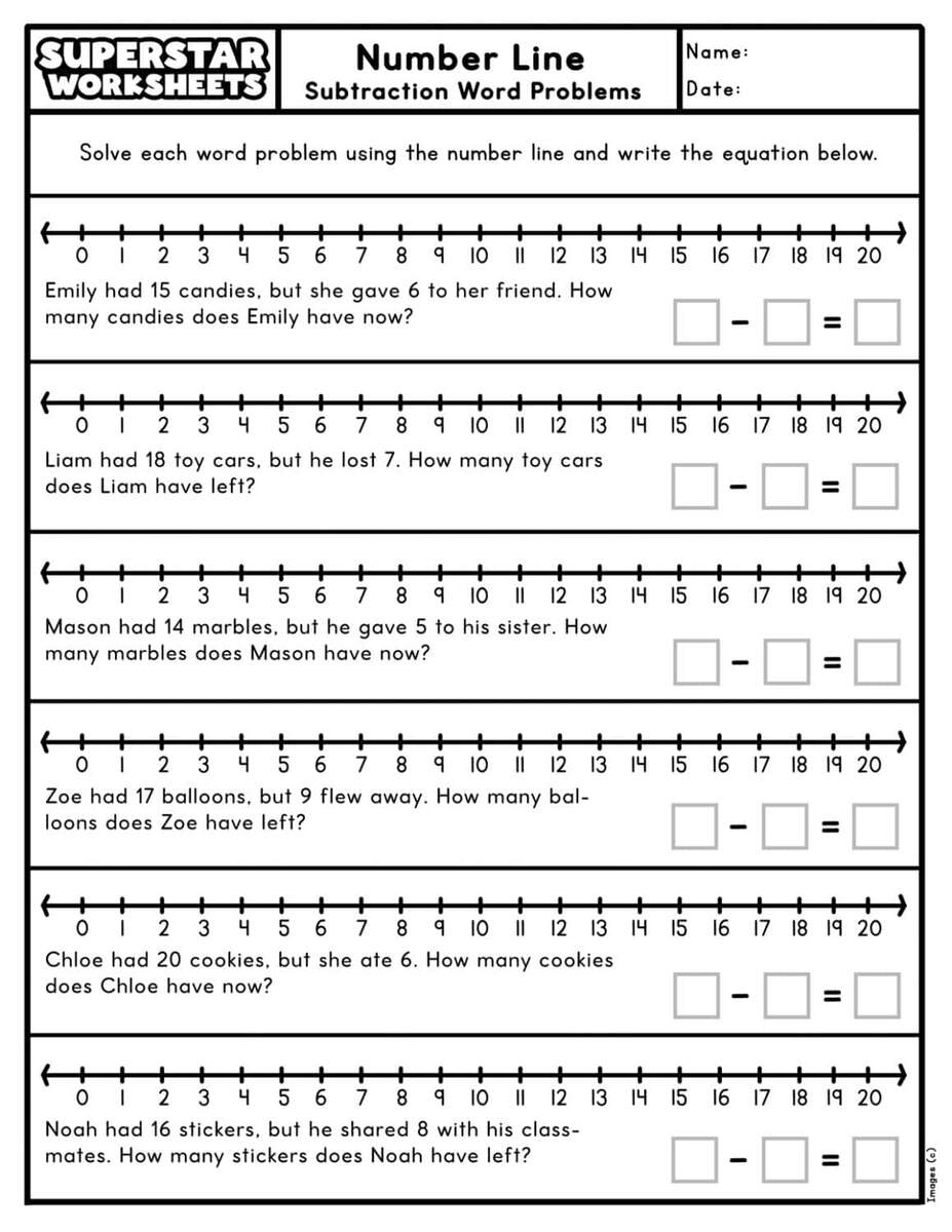 Number Line Subtraction Superstar Worksheets