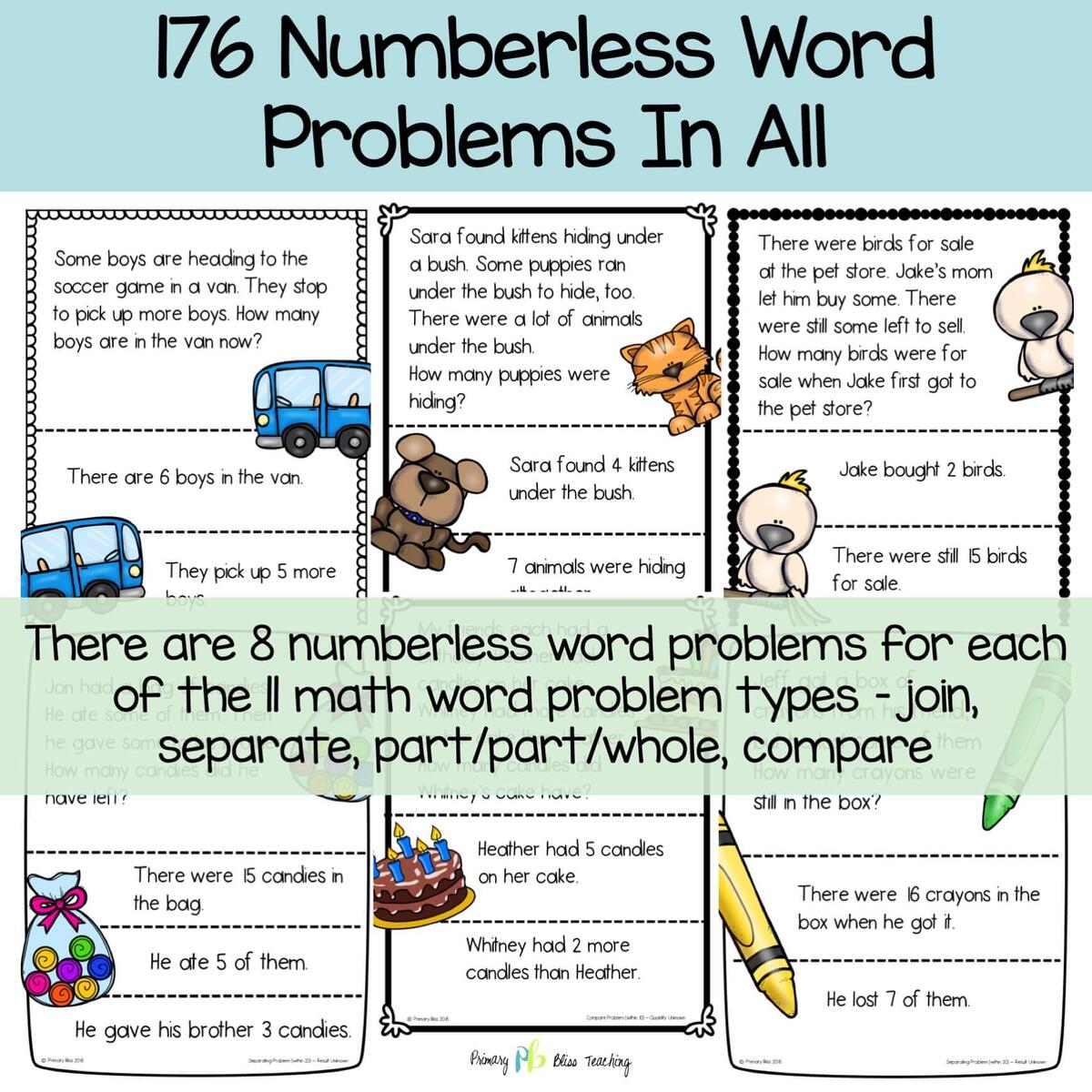 Numberless Numbered Word Problems story Problems Within 20