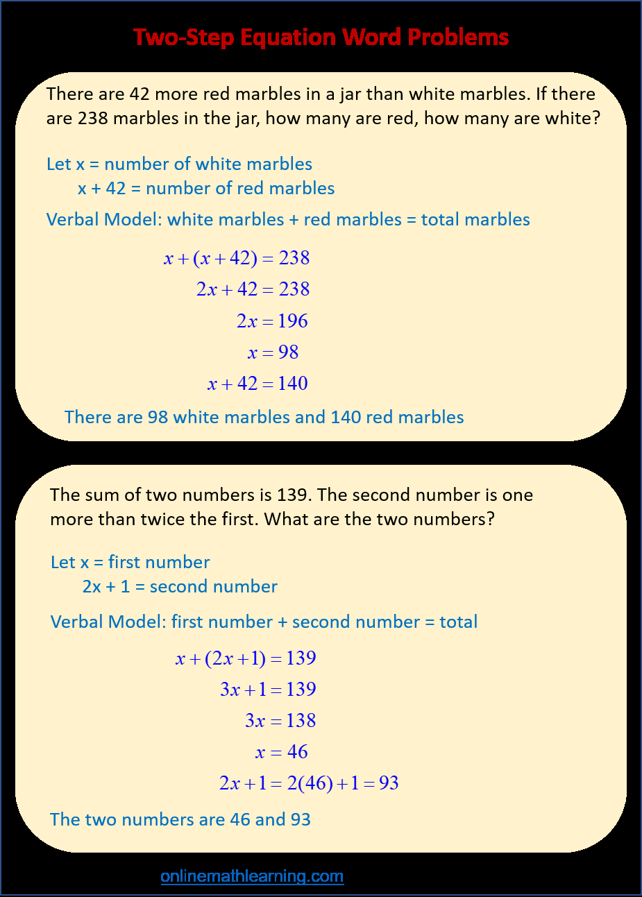 One Step Two Step Equation Word Problems Examples Videos Worksheets Solutions Activities One Step Two Step Equation Word Problems Examples Videos Worksheets Solutions Activities