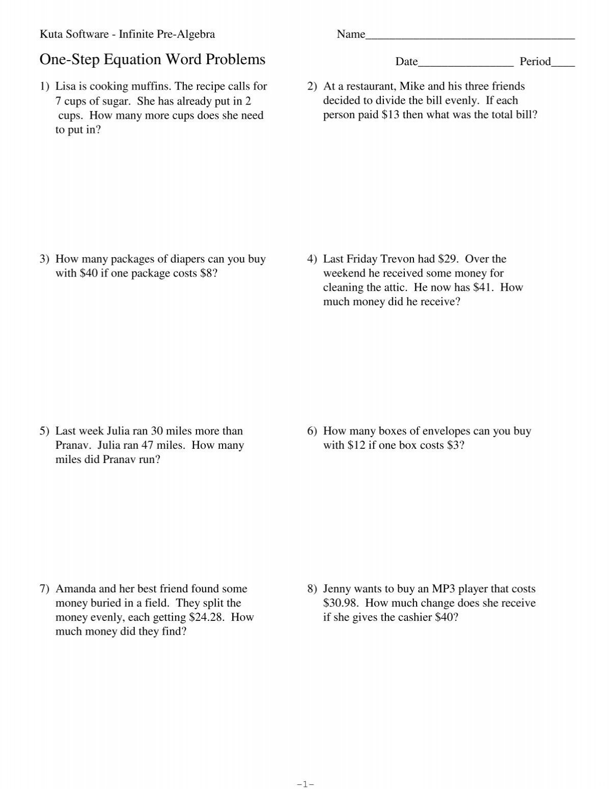 One Step Word Problems Kuta Software