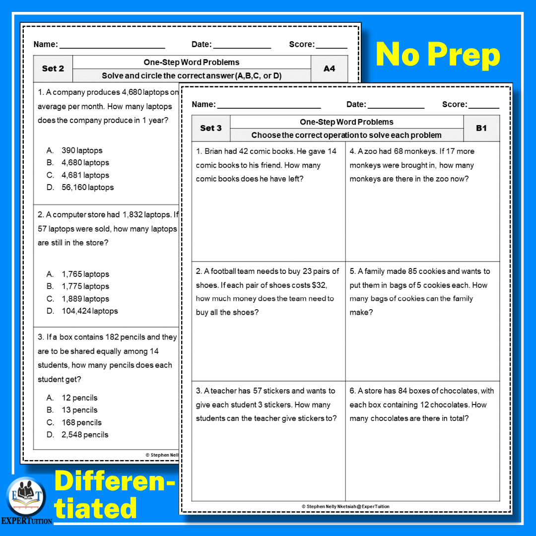 One And Two Step Word Problems Worksheet Assessments Made By Teachers