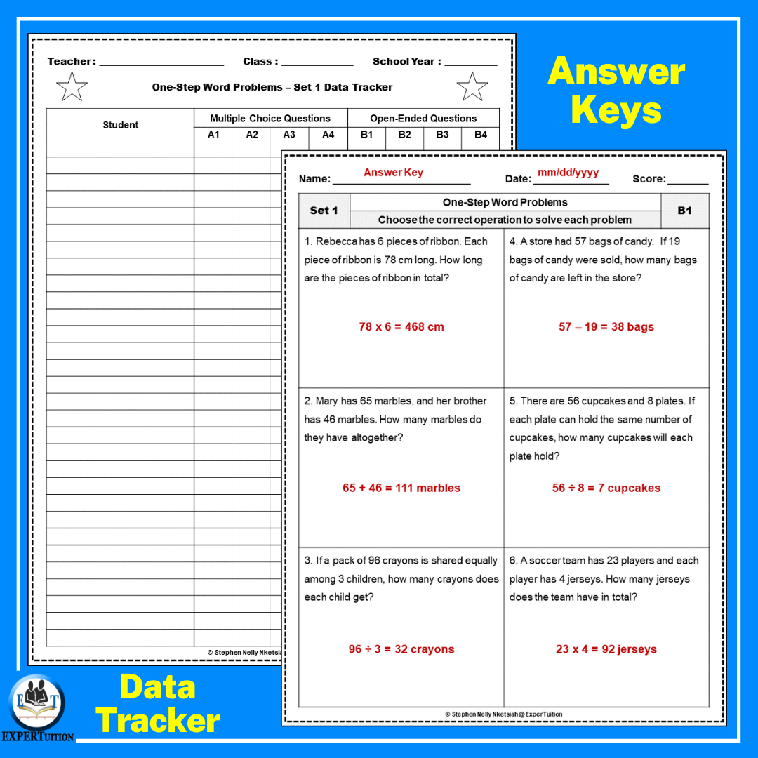 One Step Word Problems Worksheets Addition Subtraction Multiplication And Division Word Problems SET 1 Classful