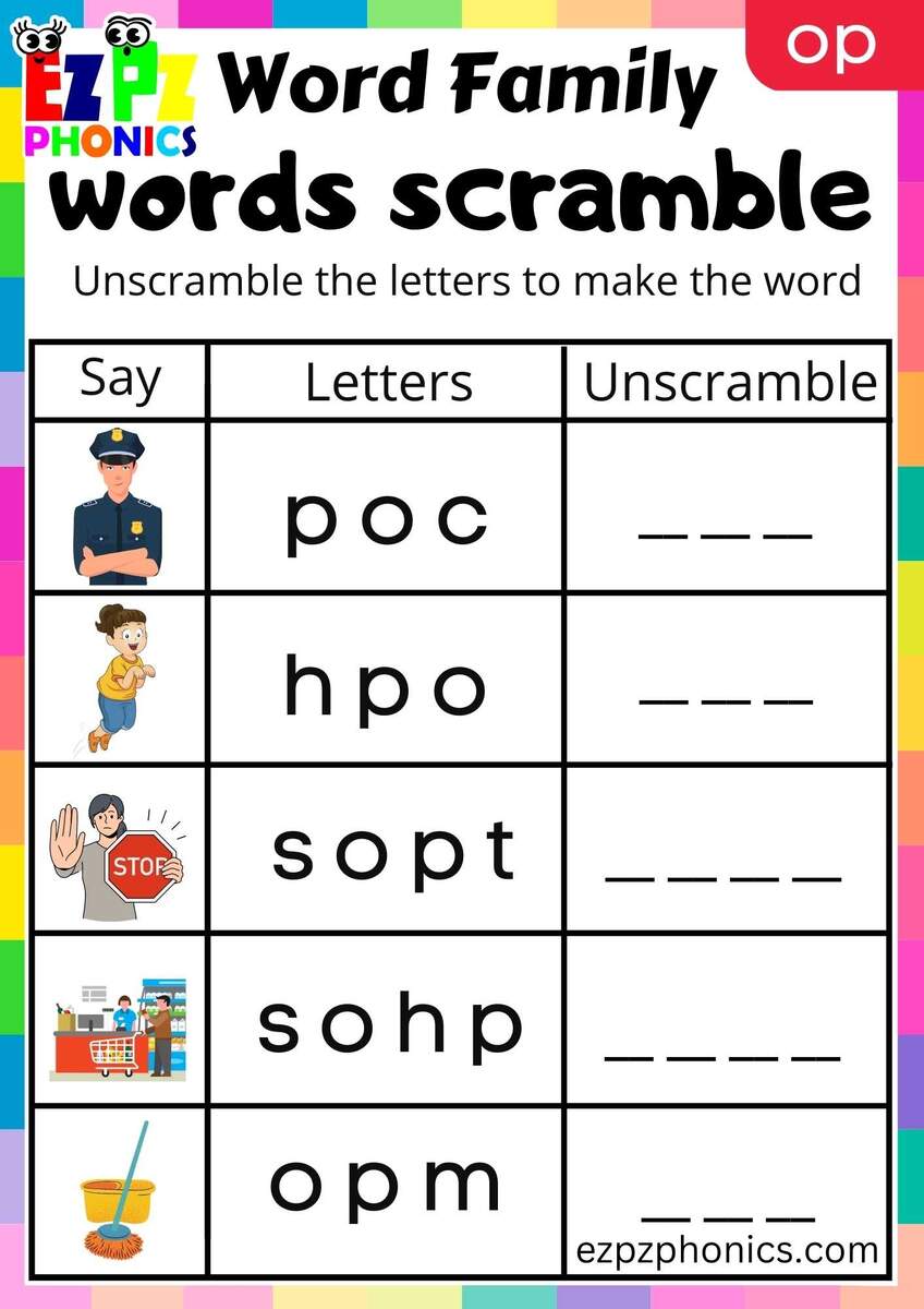 FREE Op Word Family Worksheets For Kindegrarten