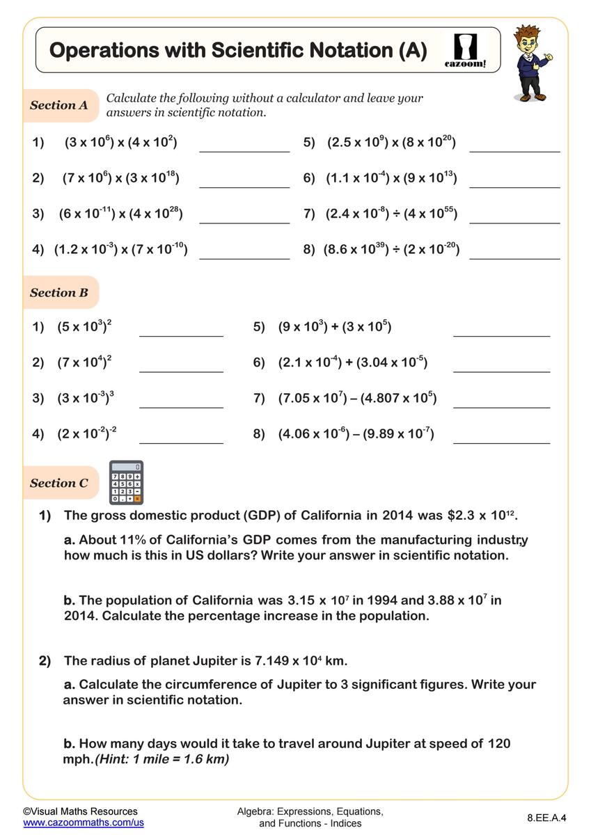 Operations With Scientific Notation A Worksheet Fun And Engaging 8th Grade PDF Worksheets Cazoom Math