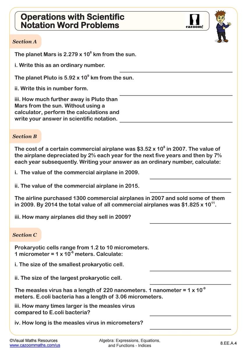 Operations With Scientific Notation Word Problems Worksheet 8th Grade PDF Worksheets Cazoom Math