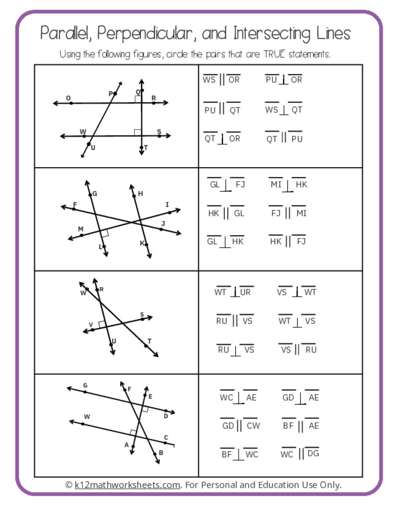Parallel Perpendicular And Intersecting Lines Worksheets
