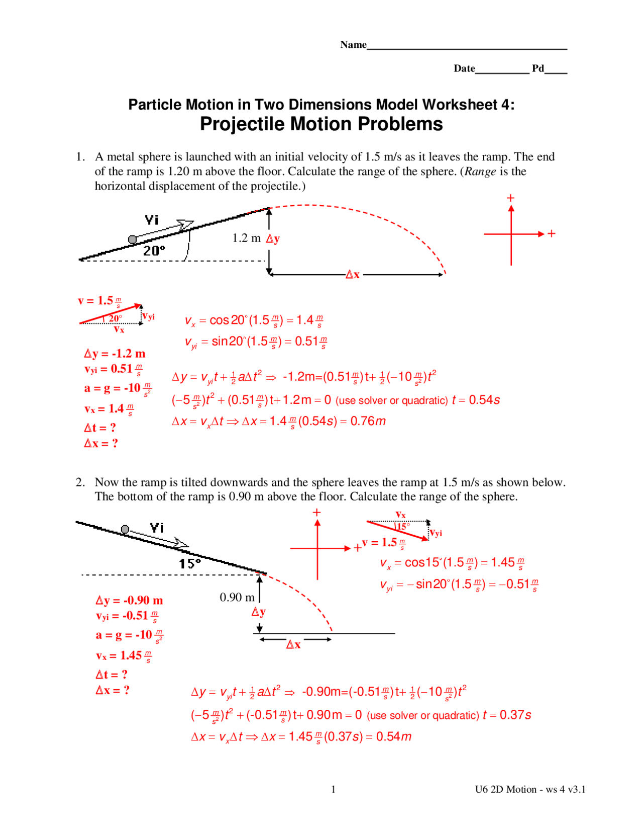 Particle Motion In Two Dimensions Model Worksheet 4 Projectile Motion Problems Exercises Physics Docsity