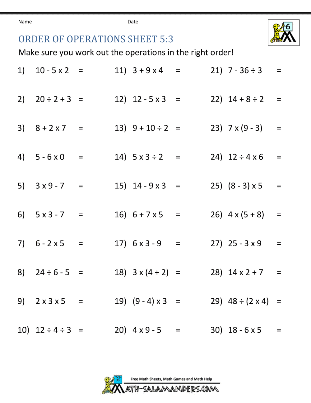 PEMDAS Problems Worksheets 5th Grade PEMDAS Problems Worksheets 5th Grade