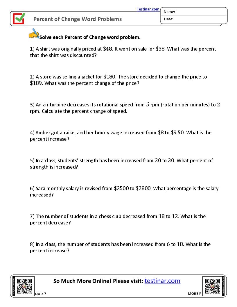 Percent Of Change Word Problems So Much More Online Please Visit Testinar Percentage Increase And Decrease Worksheets