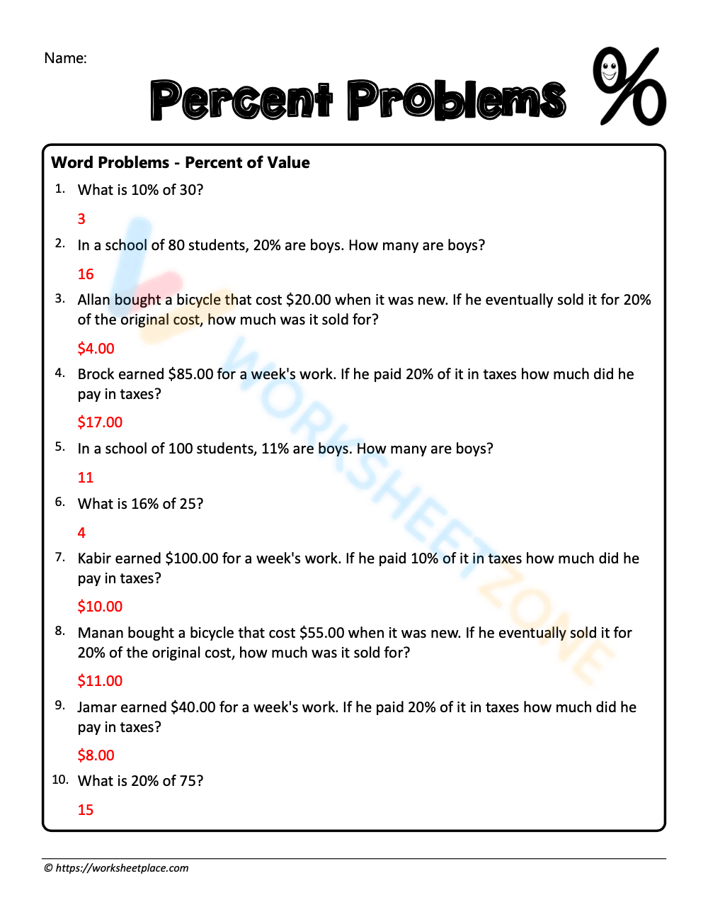 Percent Word Problems Worksheets Percent Word Problems Worksheets